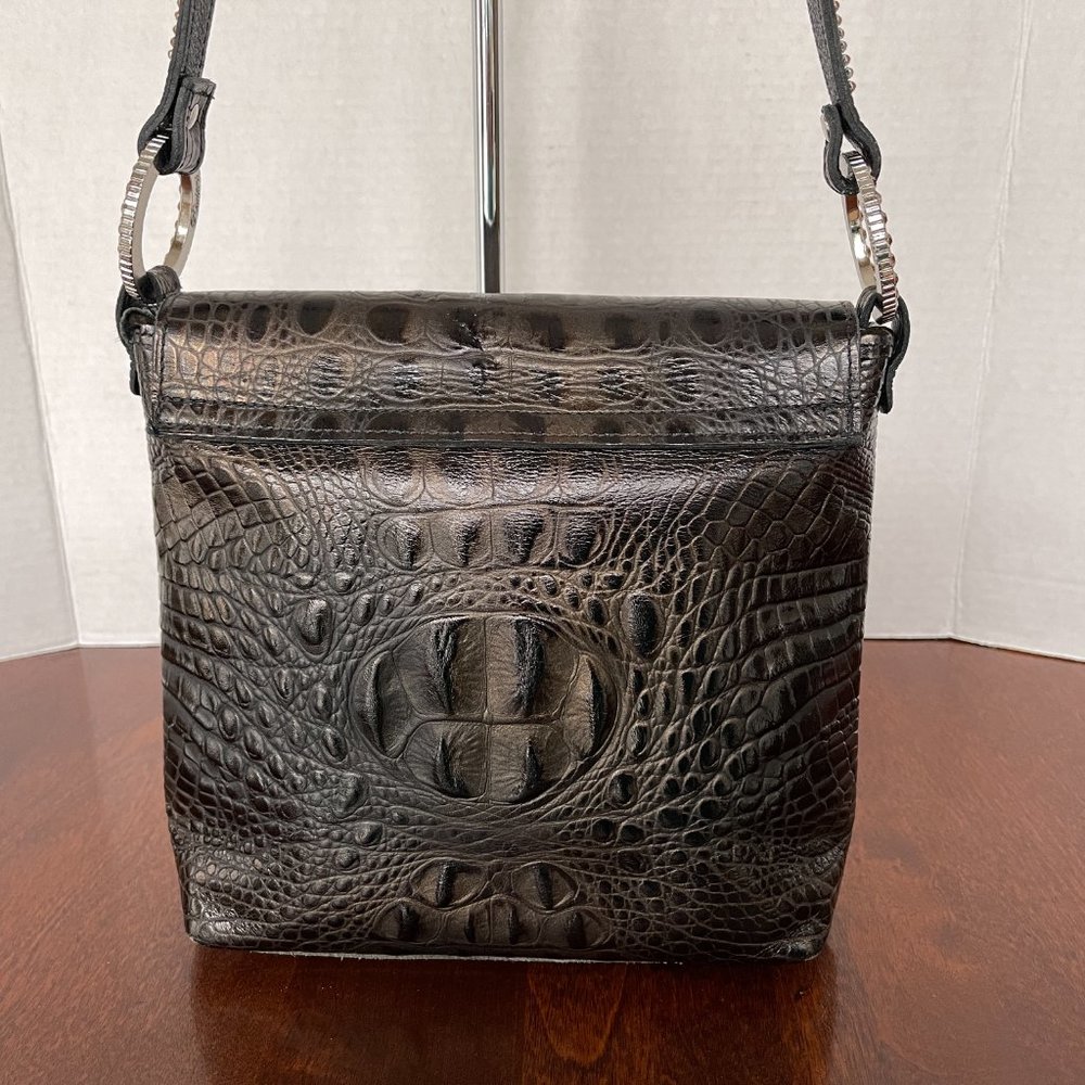 Raviani Black Flap Croco Embossed Leather Shoulder Bag w/Crystals - Picture 4 of 13